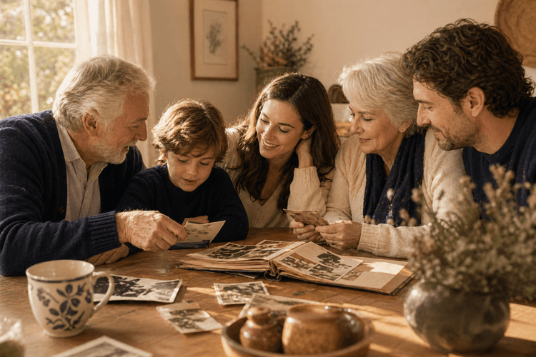 Family gathered around photographs during a recorded memory